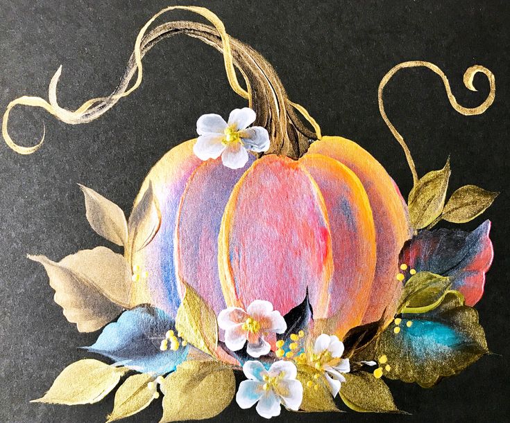 a drawing of a painted pumpkin with flowers and leaves on the side, in front of a black background