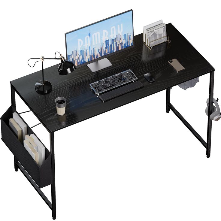 a computer desk with a keyboard, mouse and monitor sitting on it's side