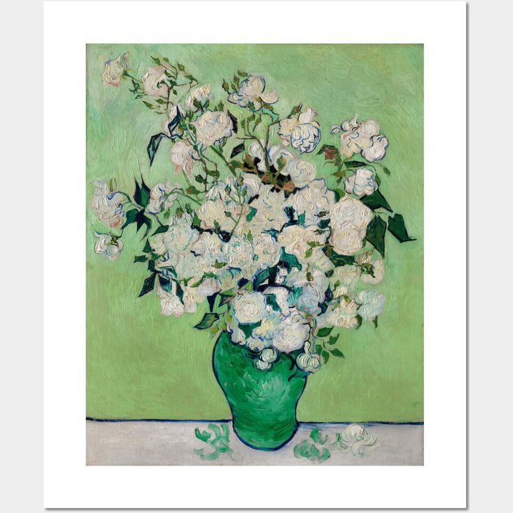 a painting of white flowers in a green vase