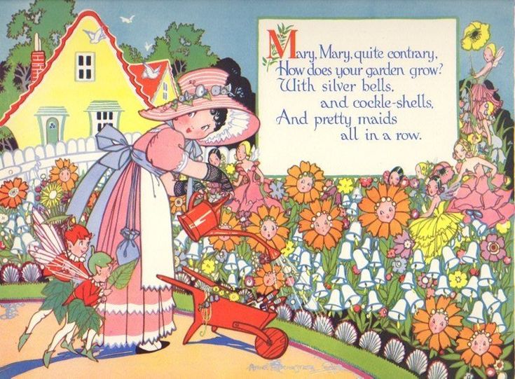 Mary, Mary, quite contrary, How does your garden grow? With silver bells, and cockle shells, And pretty maids all in a row Vintage Nursery Rhymes, Nursery Rhymes Poems, Cottage Illustration, Goose Nursery, Childrens Poems, Mary Mary Quite Contrary, Lovely Illustrations, Childrens Poetry, Mary Quite Contrary