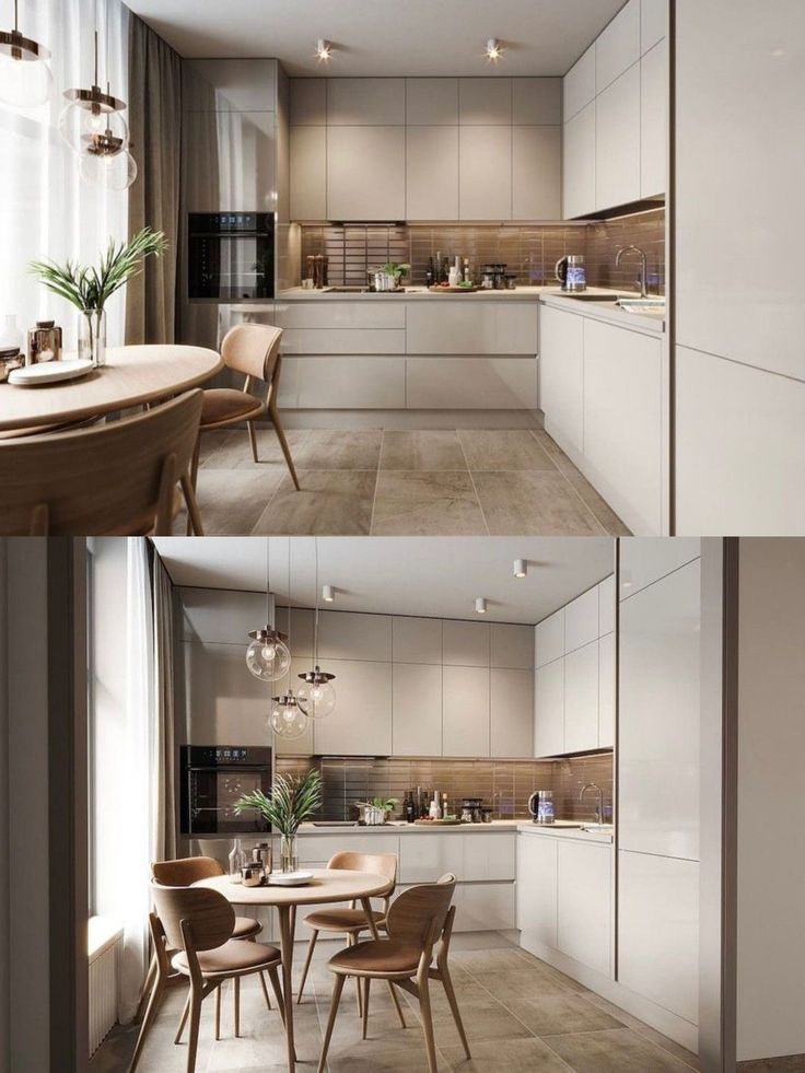 two pictures of the same kitchen and dining room