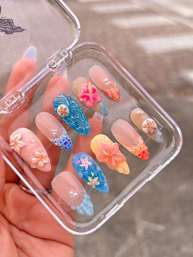 Beginners DIY Summer Nail Art for Free Cute 3d Nail Designs, Nail 3d Art, Press On Ideas, 3d Nail Ideas, Nail Photo Ideas, Summer Nail Sets, Tropical Acrylic Nails, Hawaiian Nails Designs, Hawaii Nails Ideas