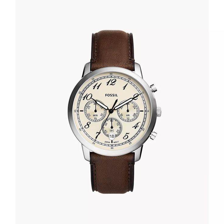 Inspired by architecture with its simple proportions and symmetry, this functional Neutra Chronograph is refined and versatile. It features an updated numeral font, stainless steel case, parchment-hued sunray dial, brown leather strap with nubuck lining and subdials for 24-hour time and stopwatch. Timeless Brown Chronograph Watch, Timeless Brown Watch With Subdials, Modern Brown Leather Watch, Classic Everyday Chronograph Watch With Subdials, Timeless Brown Chronograph Watch With Tachymeter, Classic Chronograph Watch With Subdials For Everyday Use, Modern Brown Watch With Metal Dial, Brown Leather Watch With Analog Display, Modern Brown Watch With Round Dial