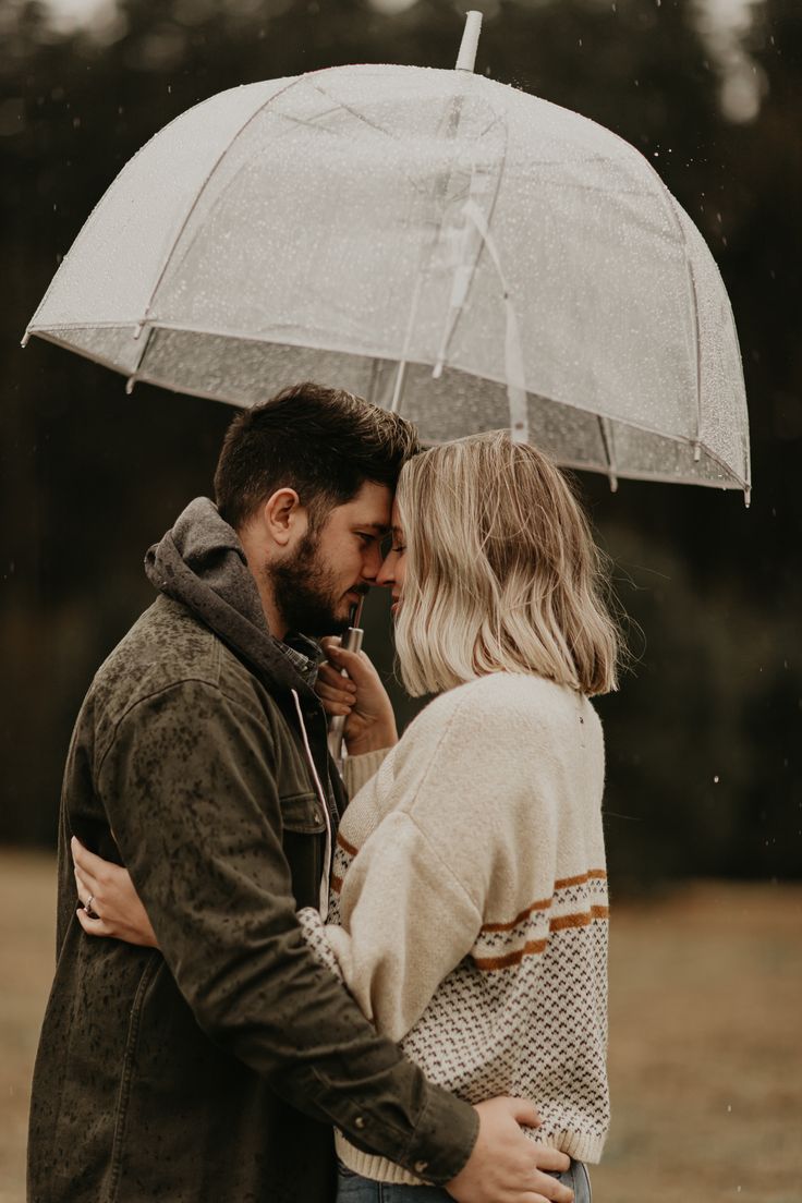 a man and woman standing under an umbrella in the rain with their arms around each other