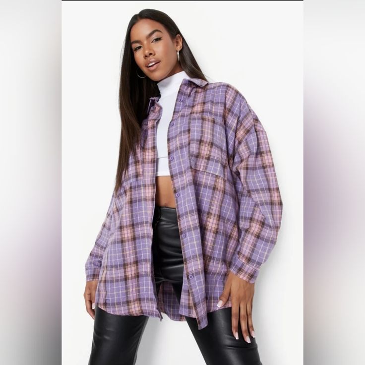 Oversized Plaid Button Up Top Brand: Better Be Size: M/L Color: Lavendar & Pink Style: Tgi3430 Materials: 70% Cotton 30% Polyester Brand New Without Tags. Pink Flannel, Pink Style, Button Up Top, Pink Fashion, Pink Purple, Top Brands, Button Down Shirt, Outfit Ideas, Button Up