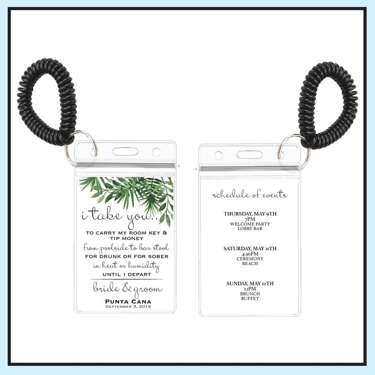 two luggage tags with black cords attached to them, one has a palm leaf on it