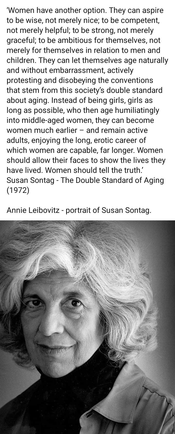 an older woman with white hair and black shirt in front of a quote from the book