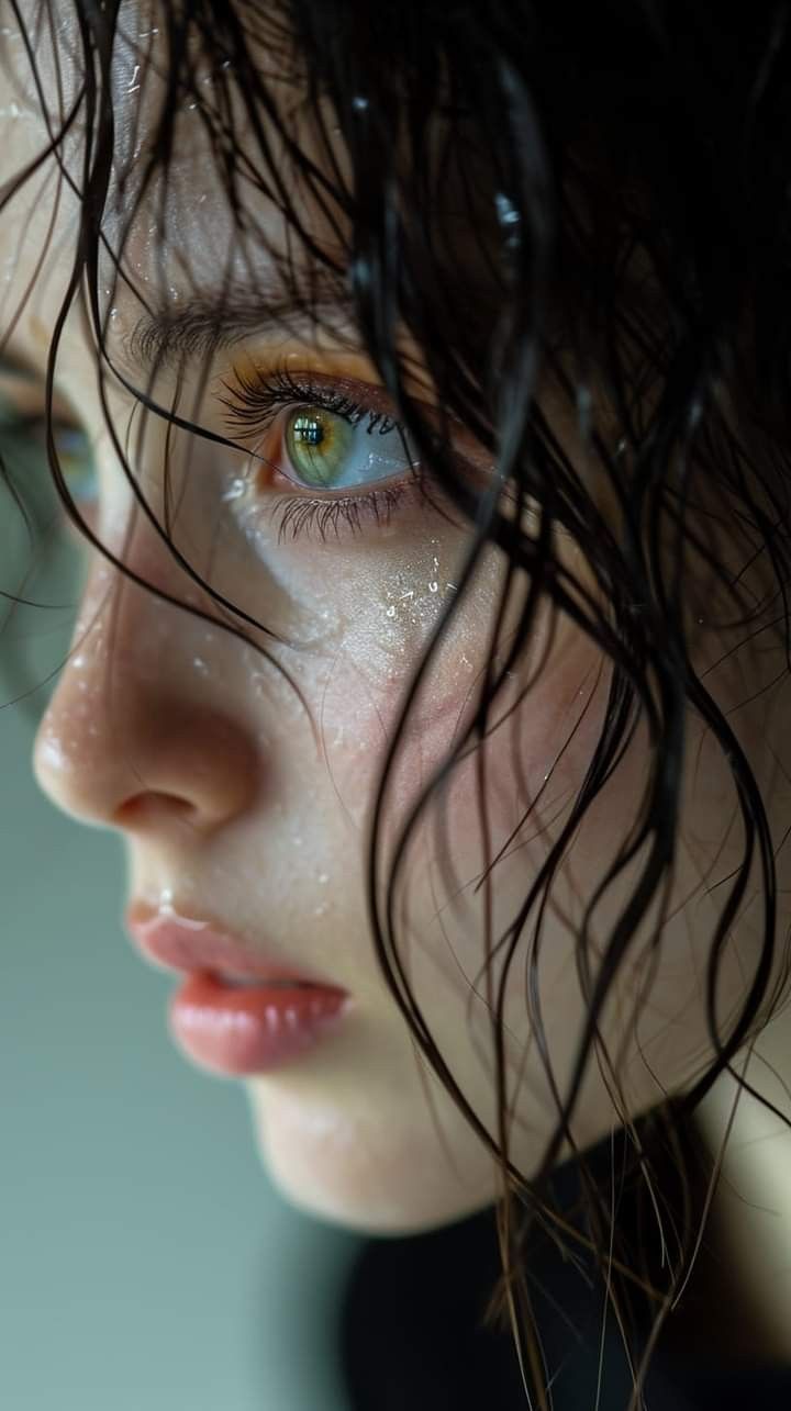 a woman with wet hair and green eyes