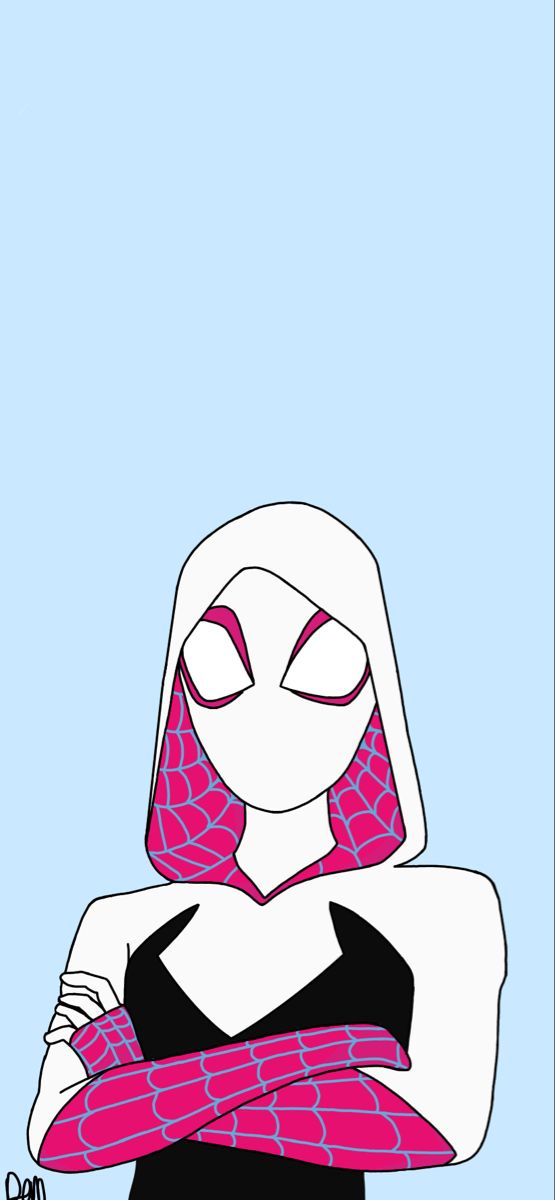 a drawing of a woman in black and white with pink hair wearing a spider suit