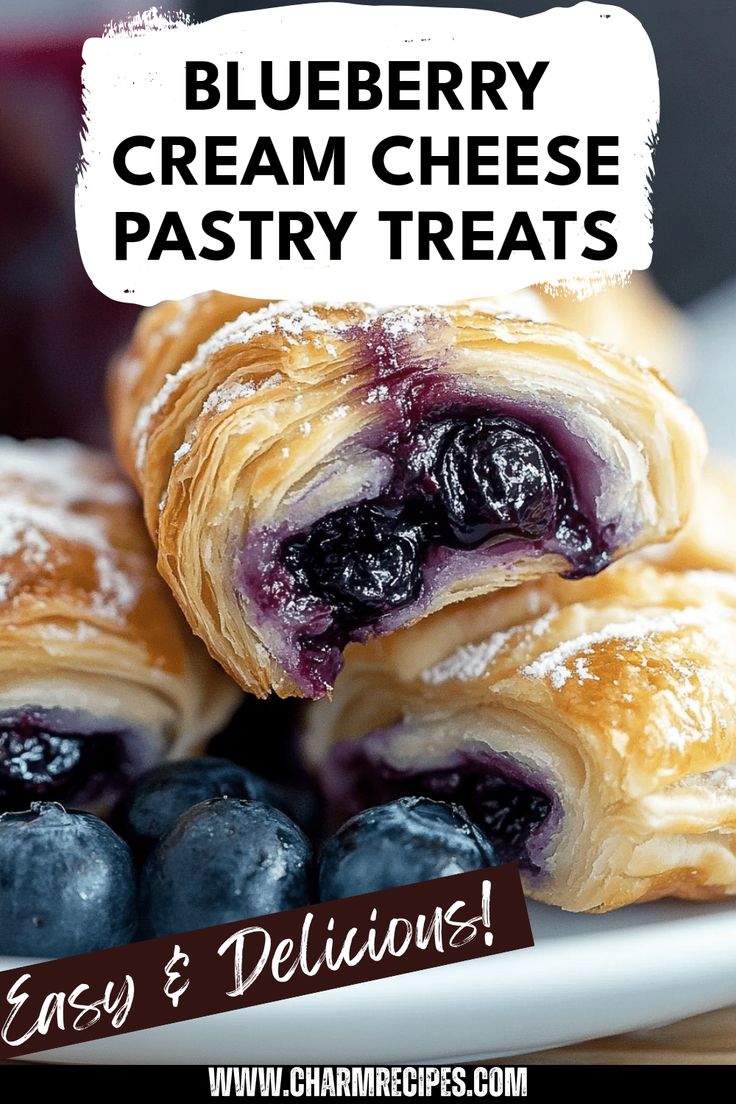 blueberry cream cheese pastry treats on a plate with the words easy and delicious below it