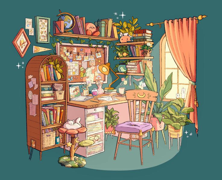 the room is filled with books, plants and other things that are sitting on shelves