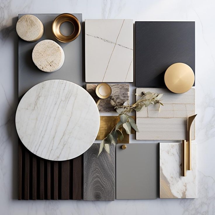 an assortment of marble and brass items on a white table top, including a round mirror