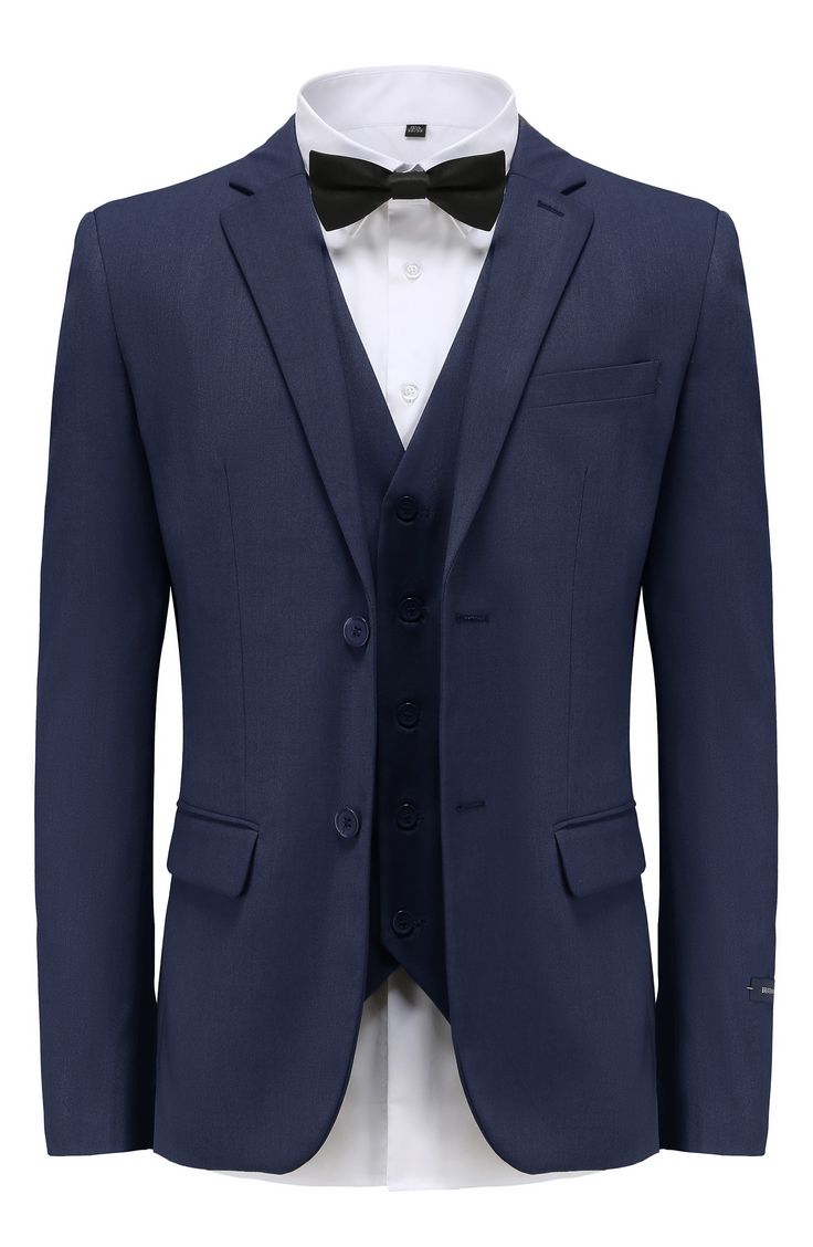 Bring understated elegance to the table in this three-piece suit crafted from rich fabric in a classic single-breasted silhouette. Jacket has notched lapels; chest welt pocket; front flap pockets Vest has front button closure; V-neck Pants have zip fly with button closure; front slant pockets; back button-welt pockets Jacket and vest are lined; trousers are lined to the knee 65% polyester, 35% viscose Dry clean Imported Each suit has a 6” drop, meaning that a size 38R jacket is paired with size Slim Fit Single Breasted Set With Notch Lapel, Semi-formal Slim Fit Single Breasted Three-piece Suit, Semi-formal Single-breasted Sets With Suit Collar, Fitted Single Breasted Three-piece Suit With Notch Lapel, Slim Fit Single-breasted Three-piece Suit, Formal Tuxedo Three-piece Suit With Pockets, Tuxedo Style Three-piece Suit With Pockets, Tuxedo Style Three-piece Suit, Slim Fit Three-piece Suit With Welt Pockets