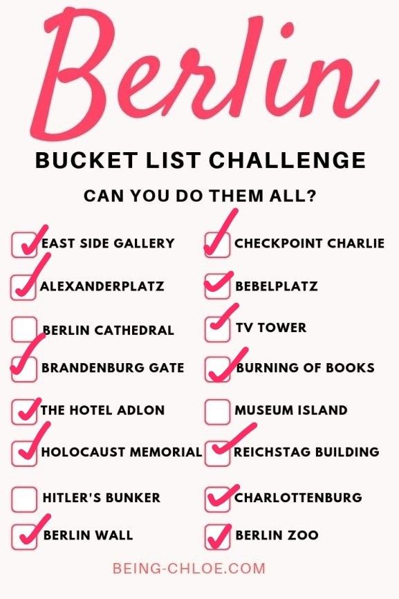 the berlin bucket list is shown in red and black with pink lettering on it, which reads