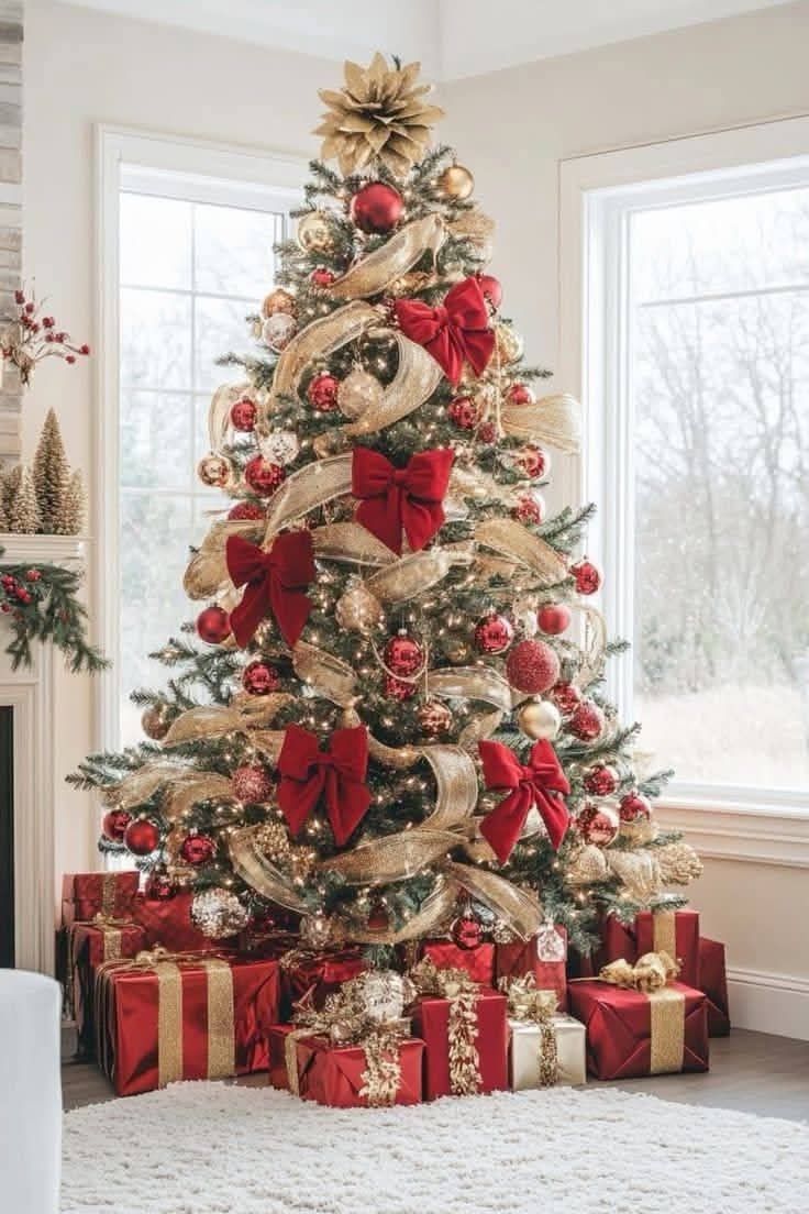 a christmas tree decorated with red and gold ribbons, bowes and ornaments in a living room