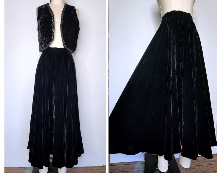 Vintage Black Velvet Skirt  High Waist  Maxi - Ankle Floor Length  Zip on back  Not Lined  Lots of beautiful fabric  Guessing circa 50s but could be more recent like 70s/80s  NOTE : if you are interested in the velvet cropped vest shown in pictures, here's the link as it's sold separately: https://www.etsy.com/listing/1681004364/vintage-black-velvet-vest-cropped-by?click_key=5a5faadc94df2120e1efc428da8b81b194141da5%3A1681004364&click_sum=0e749821&ref=shop_home_active_2&frs=1&sts=1 Excellent Vint Vintage Fitted Evening Skirt, Vintage Black Skirt For Costume Party, Vintage Full Skirt For Party, Vintage Party Lined Skirt, Fitted Vintage Costume Bottoms, Vintage Evening Lined Skirt, Vintage Fitted Bottoms For Costume, Vintage Stretch Party Skirt, Vintage Evening Pleated Skirt