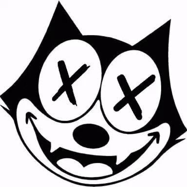 a black and white drawing of a cat with two crosses on it's eyes