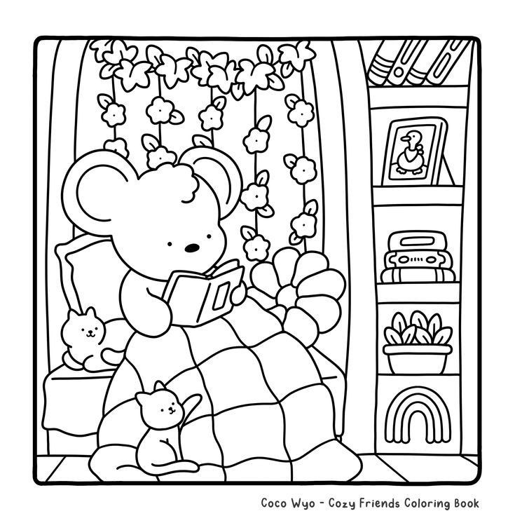 a coloring book with a teddy bear and cat