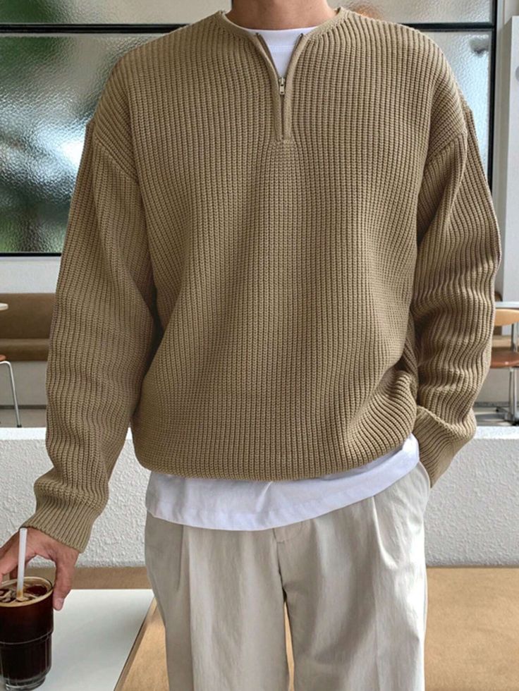 Casual Ribbed Turtleneck Polo Sweater, Oversized Polo Sweater For Winter, Knit Polo Sweater With Relaxed Fit, Brown Long Sleeve Polo Sweater For Fall, Ribbed Long Sleeve Sweatshirt For Streetwear, Oversized Solid Polo Sweater For Fall, Oversized Polo Sweater For Fall, Casual Oversized Polo Sweater For Winter, Casual Brown Knit Polo Sweater