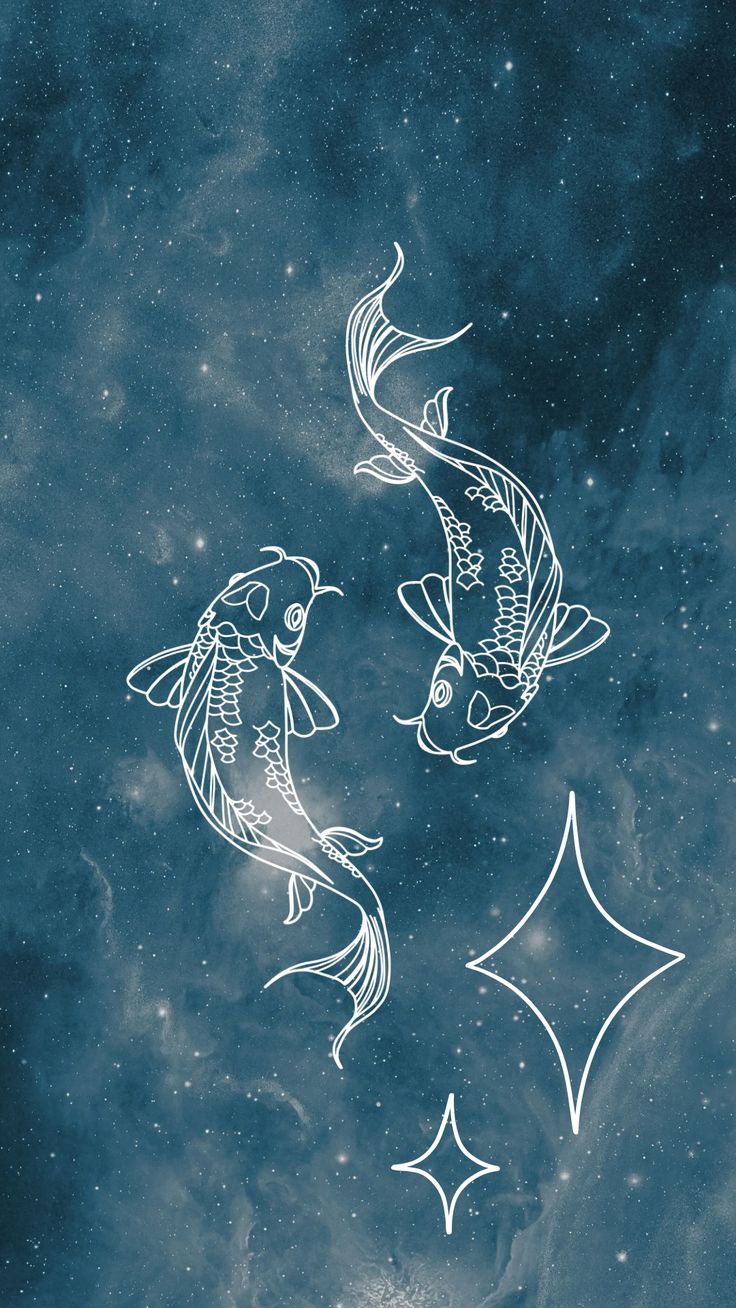 two koi fish are swimming in the blue water with stars and clouds behind them