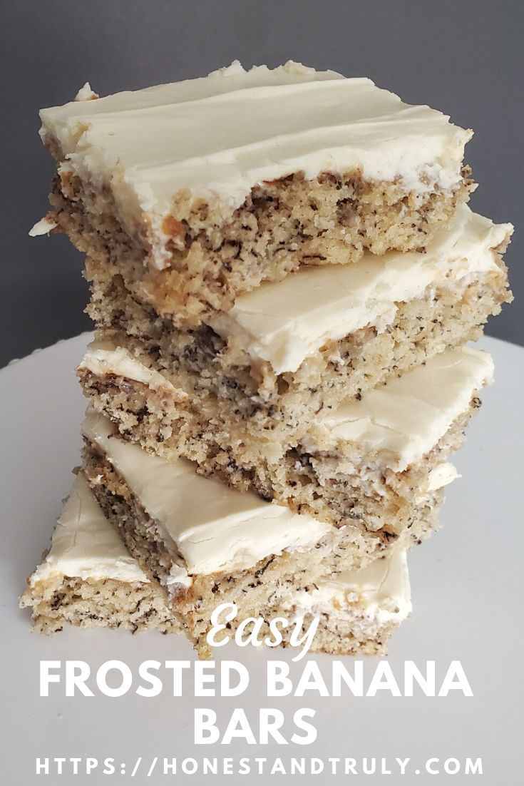 three slices of frosted banana bars stacked on top of each other with the words easy frosted banana bars