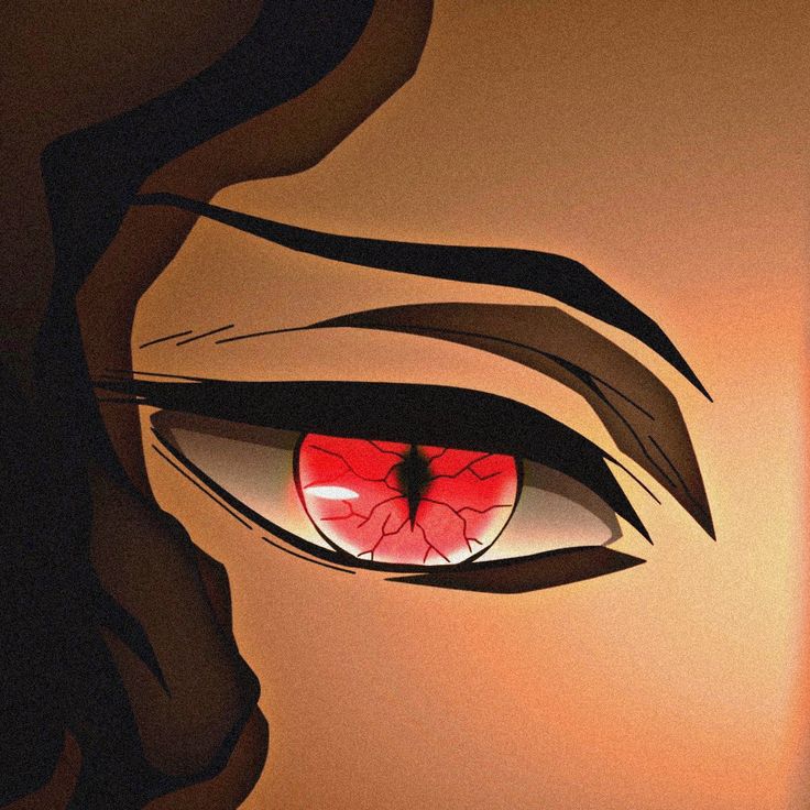 an anime character's eye is shown with red and black irises in the center