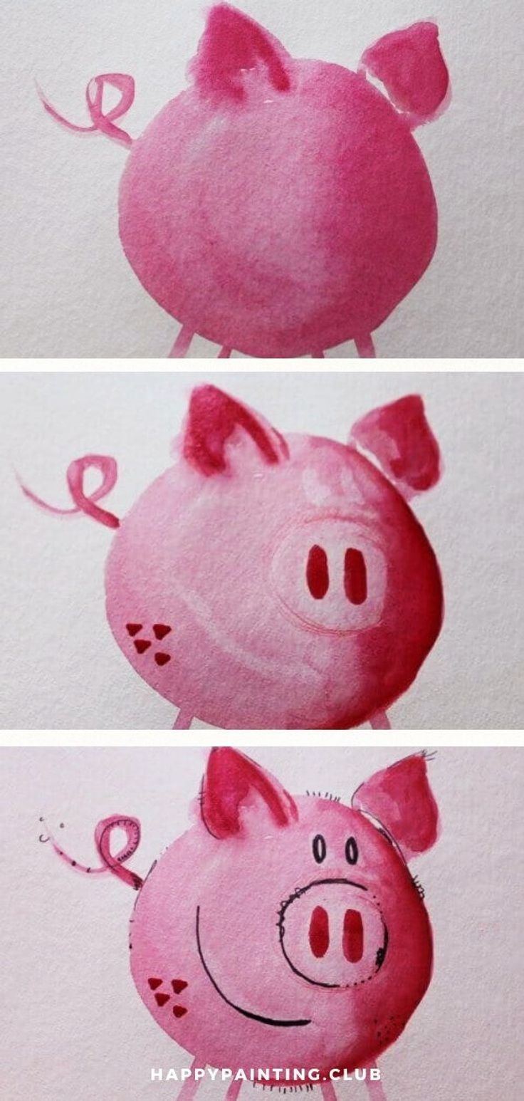 three pictures of pink pigs with scissors in their mouths