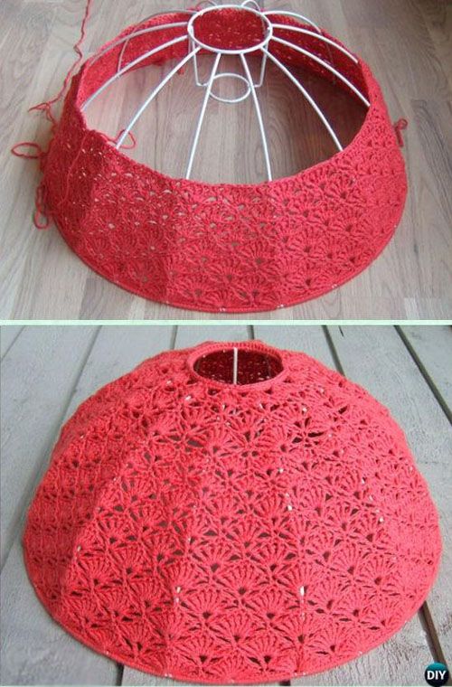 two pictures show the same red crocheted lamp shade, one is open and the other has closed