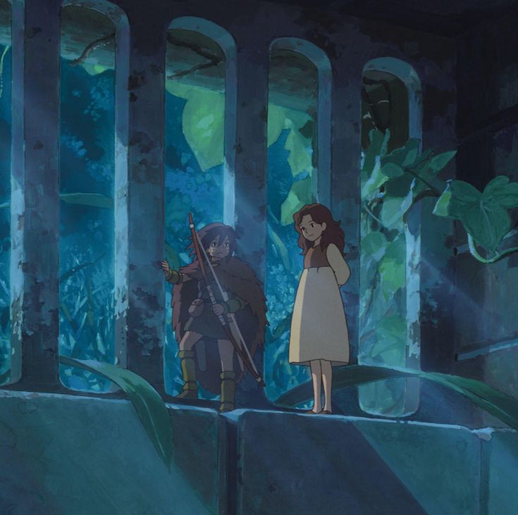 an anime scene with two people standing on a ledge