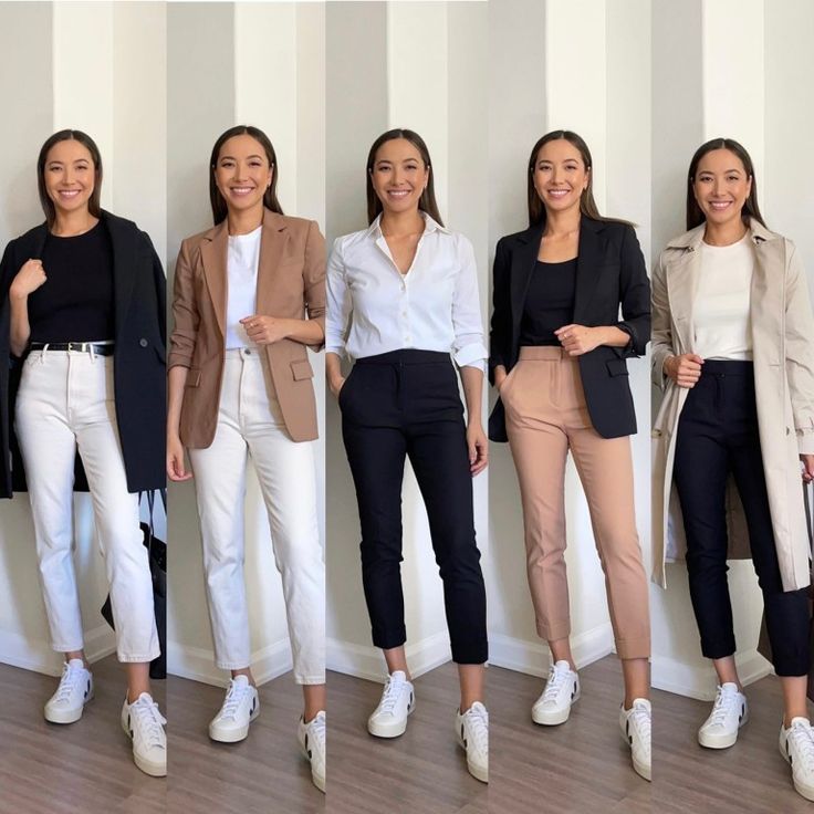 Business Casual Medium Size, Staple Business Casual Pieces, White Pants Outfit Business Casual, Working At School Outfit, Work Outfits Women In 20s, 2023 Workwear Women, Sneaker Work Outfits Women Winter, Work Wear With Tennis Shoes, Tan And White Work Outfit