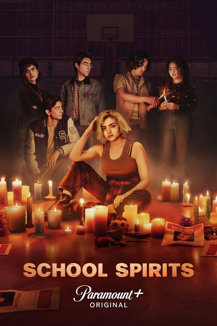 the poster for school spirits, which features young people surrounded by candles