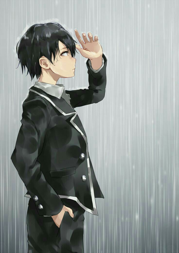 an anime character in black and white is holding his hand up to the side while standing in the rain