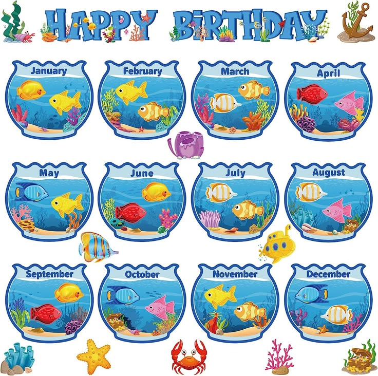 Colarr 52 Pcs Under The Sea Birthday Bulletin Board Set for Classroom Ocean Beach Theme Happy Birthday Bulletin Board Decoration Sets Sea Animal Fish Tank Cutouts for Summer Wall Calendar Decor Mermaid Classroom, Fish Bulletin Boards, Sea Bulletin Board, Ocean Bulletin Board, Birthday Chart Classroom, Bulletin Board Decoration, Birthday Bulletin Board, Beach Theme Classroom, Birthday Board Classroom