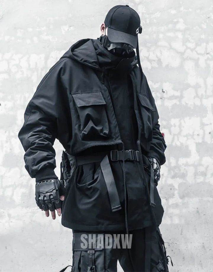 Type: Techwear jacket Design: Techwear, Ninja Techwear, Cyberpunk, Military, Futuristic Ultra-resistant Techwear Jacket: Made with premium materials that are resistant, flexible and lightweight to preserve your mobility while protecting you from rain and wind. Technical clothing: This techwear jacket is equipped with a multitude of storage pockets to easily carry your personal belongings. Breathable materials: This techwear jacket made of polyester, cotton and spandex can be worn all year round. Black Techwear Outerwear For Urban Adventures, Black Techwear For Urban Adventures, Black Cyberpunk Outerwear For Streetwear, Cyberpunk Black Streetwear Outerwear, Futuristic Black Long Sleeve Outerwear, Black Hooded Cyberpunk Outerwear, Black Long Sleeve Futuristic Outerwear, Black Futuristic Outerwear For Urban Adventures, Futuristic Black Outerwear For Urban Adventures