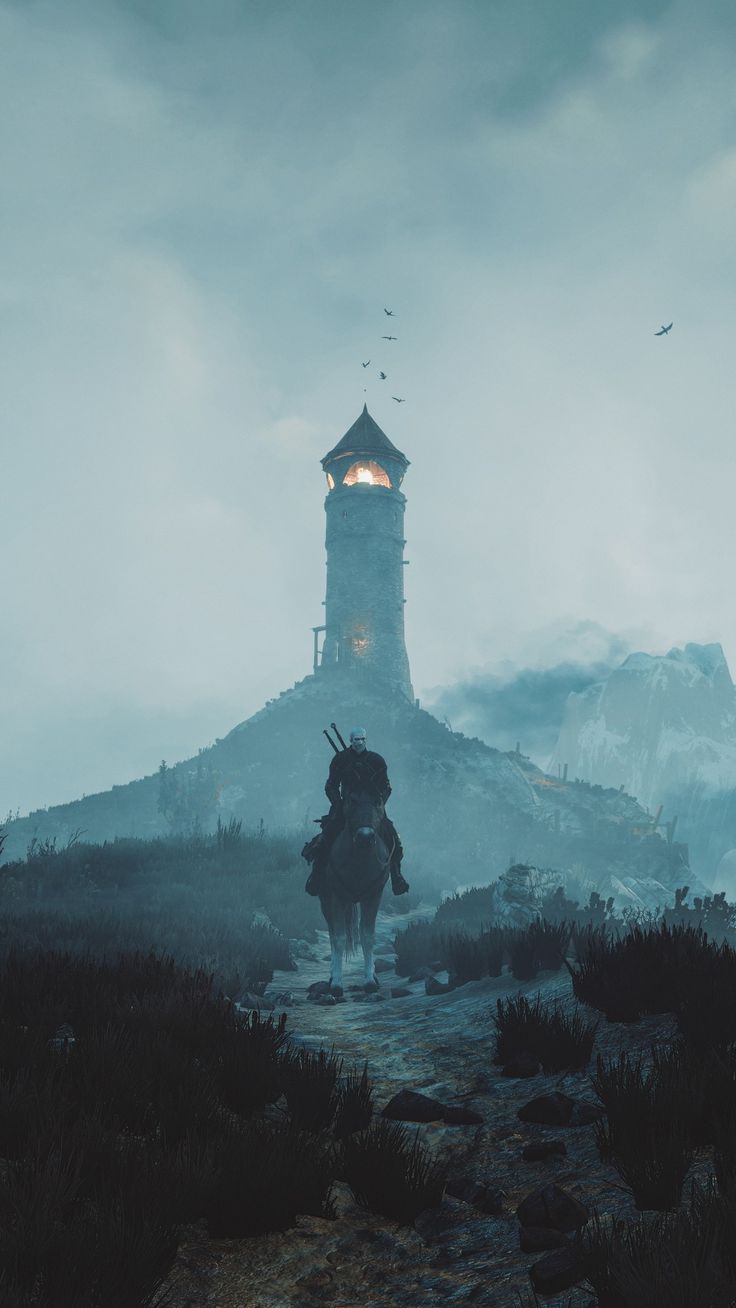 a person on a horse in front of a tower with a light at the top