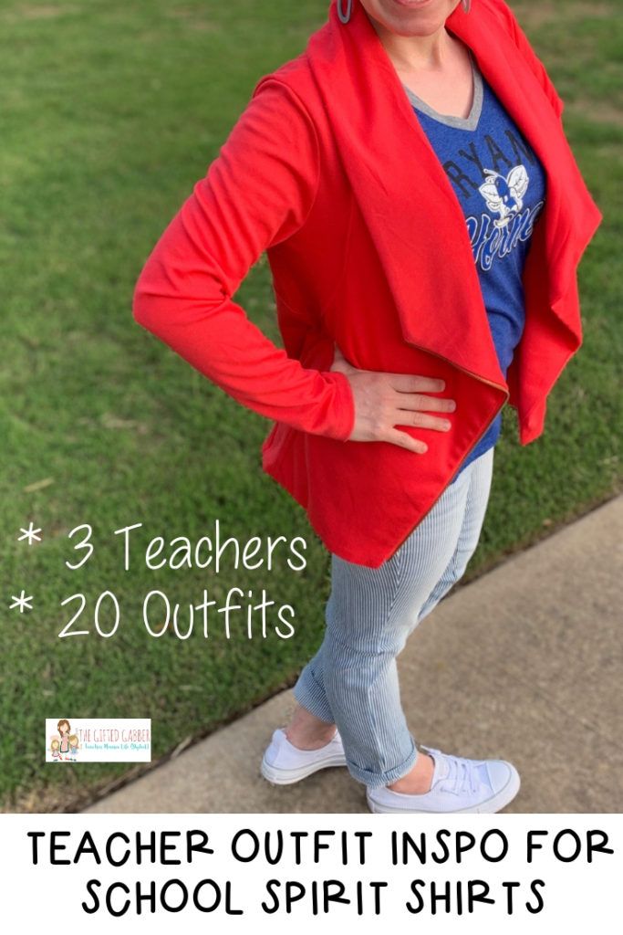 a woman standing on the sidewalk with her hands on her hips and text overlay that reads, 3 teachers 20 outfits teacher outfit info for school spirit shirts