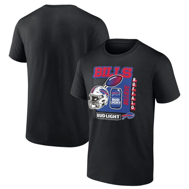 a black t - shirt with a football helmet on the front and an image of buffalo bills