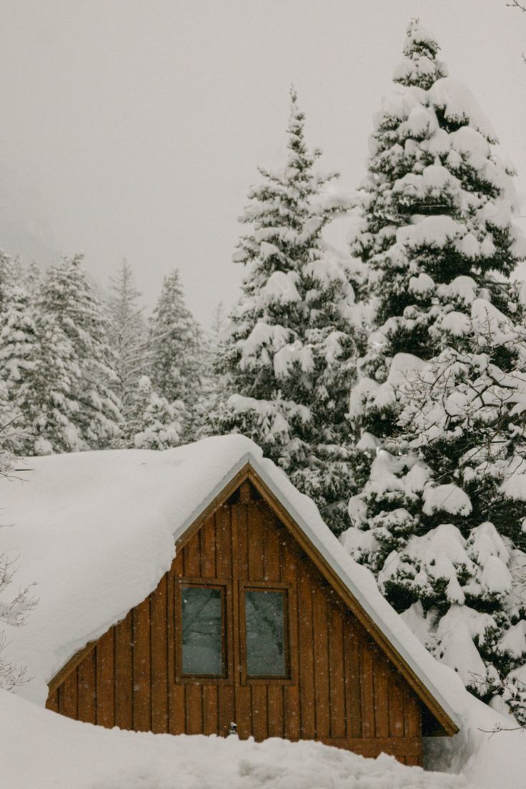 a snow covered cabin with trees in the background