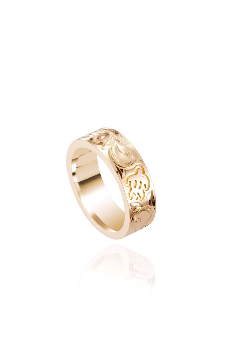 The photo shows a 6 mm 14K yellow gold ring with hand engravings including sea turtles. Traditional Intaglio Jewelry For Anniversary, Traditional Carved Yellow Gold Rings, Luxury 14k Gold Etched Rings, Traditional 14k Yellow Gold Engraved Ring, Luxury Engraved Intaglio Ring For Wedding, Luxury Etched 14k Gold Rings, Luxury Etched Rings For Ceremonial Occasions, Elegant Carved Rings For Ceremonial Occasion, Traditional Yellow Gold Engraved Ring