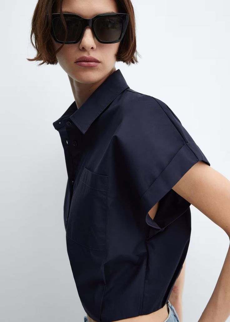 100% cotton crop shirt - Women | Mango USA Classic Collared Cropped Shirt With Pockets, Cotton Cropped Shirt With Pockets, Classic Cropped Short Sleeve Shirt For Work, Classic Short Sleeve Cropped Shirt For Work, Chic Cropped Shirt With Pockets, Classic Cropped Shirt With Pockets For Work, Collared Cropped Shirt With Pockets For Workwear, Chic Cropped Button-up Shirt With Pockets, Chic Button-up Cropped Shirt With Pockets