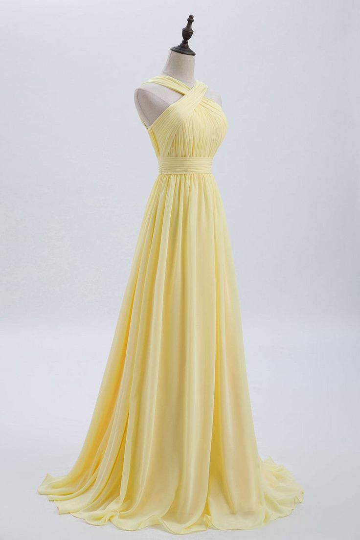 Cross Front Yellow Pleated Chiffon Long Bridesmaid Dress Homecoming Dresses Yellow, Red Lace Prom Dress, Lace Wedding Dress With Sleeves, Custom Bridesmaid Dress, Prom Dresses Yellow, Red Homecoming Dresses, Corset Dress Prom, Bridesmaid Dress Sizes, Pleated Chiffon