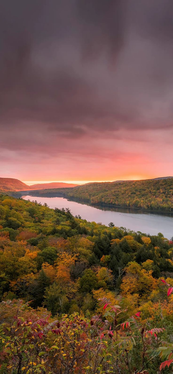 the sun is setting over a lake surrounded by trees and bushes with red, yellow, and green foliage