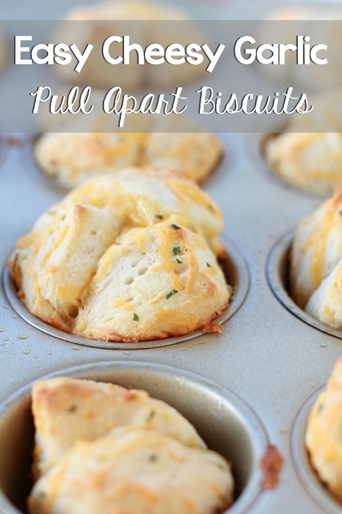 easy cheesy garlic pull apart biscuits in a muffin tin with text overlay