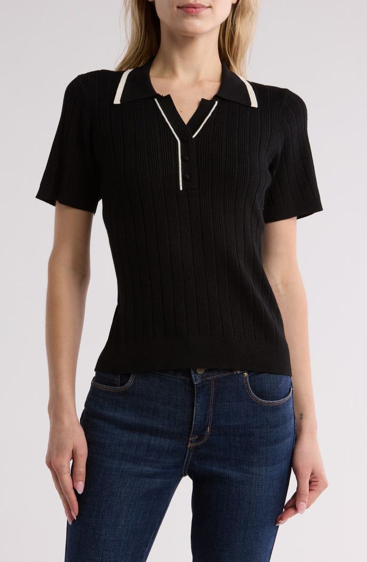 Adrianna Papell Tipped Short Sleeve Polo Sweater | Nordstromrack Shopping Event, Short Cut, Polo Sweater, Adrianna Papell, Short Sleeve Polo, Black Knit, Preppy Style, Outerwear Jackets, Short Outfits