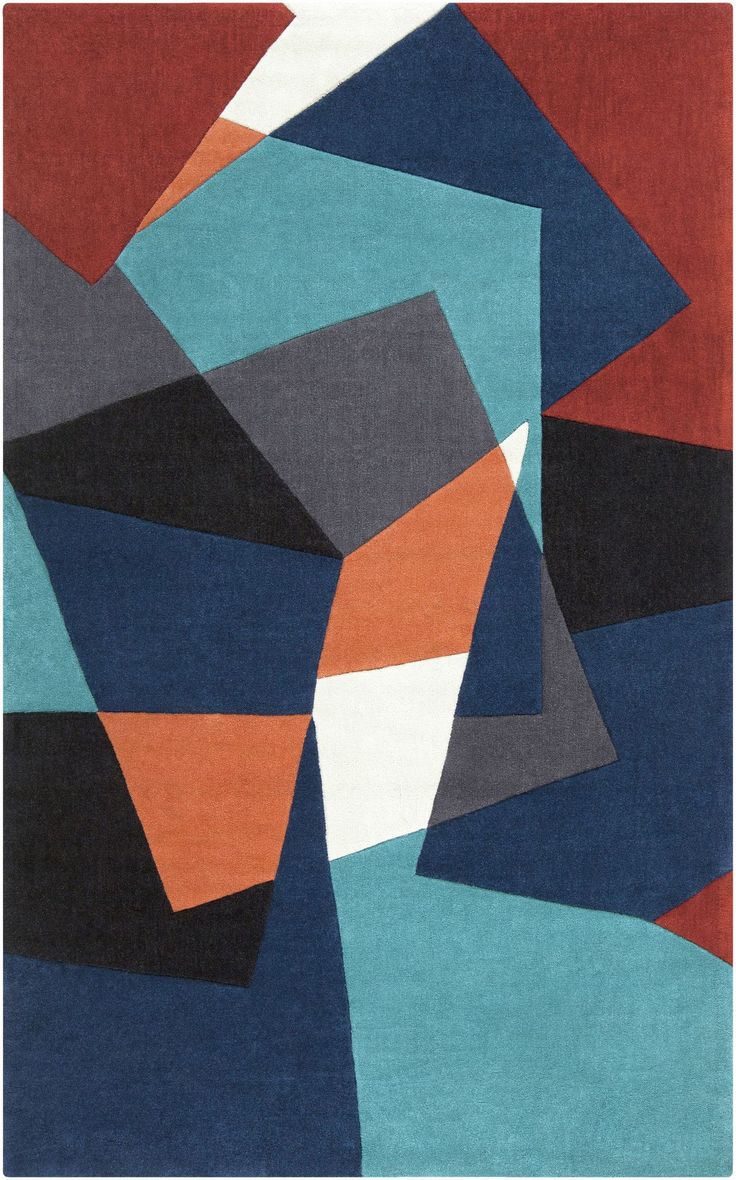 an abstract rug with blue, red, orange and black shapes on the bottom half