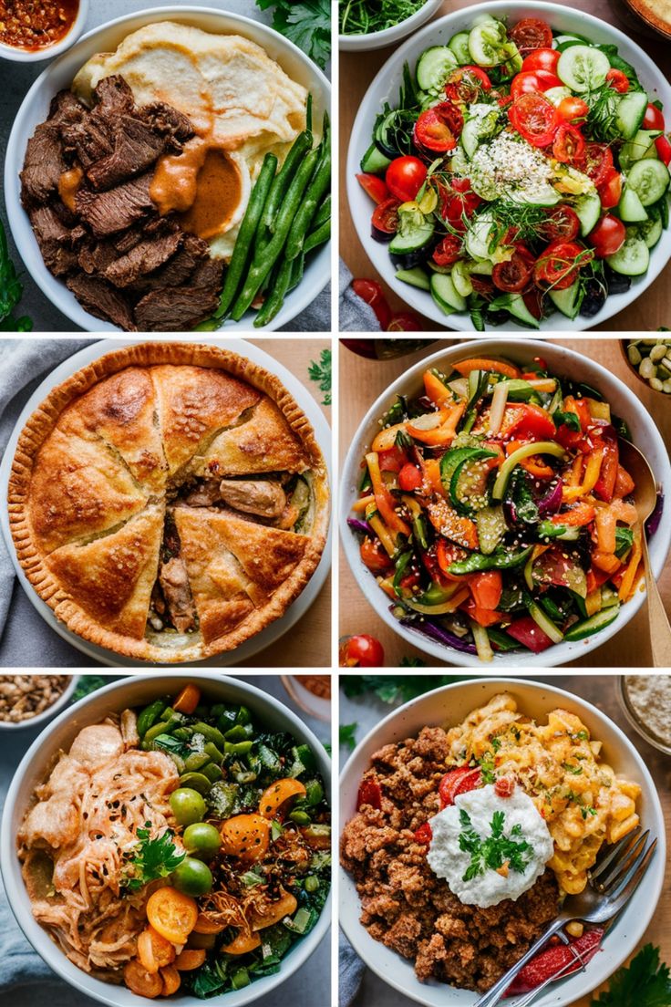 six different pictures of various food items in bowls and pies, including meat, vegetables, bread, salad, and other foods