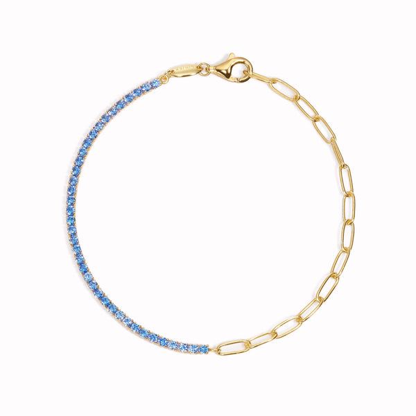 Gold Tennis Bracelet (Half) - Blue | Linjer Jewelry Solid Opal Ring, Gold Tennis Bracelet, Generation Z, Gold Link Chain, Gold Jewelry Simple, Gold Link, Sustainable Jewelry, Hand Jewelry, Traditional Jewelry