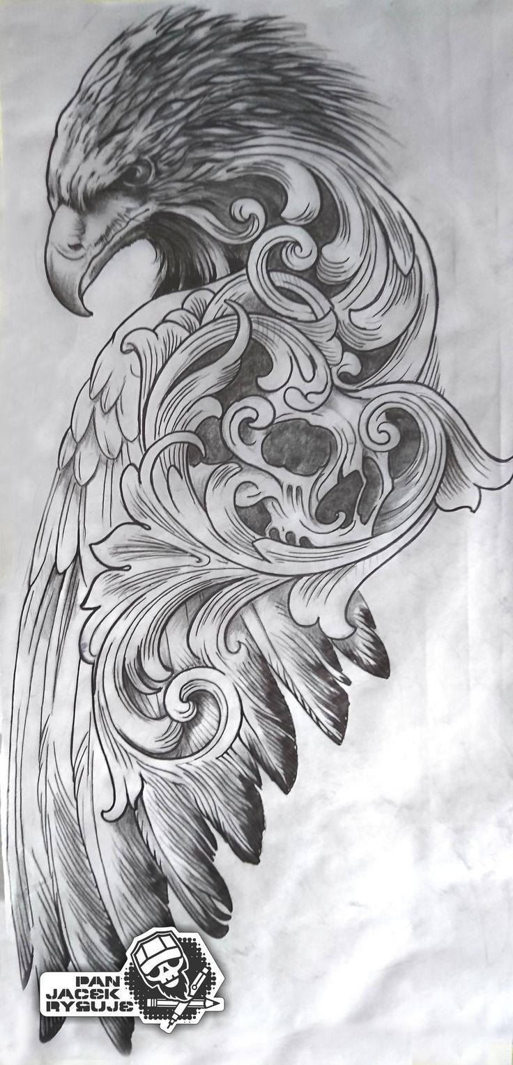 a drawing of an eagle with swirls on it