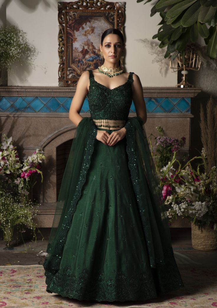 Megha & Jigar-Green Embroidered Lehenga Set-INDIASPOPUP.COM Dark Green Lehenga, Indian Reception Outfit, Satin Lehenga, Indian Reception, Bridesmaid Lehenga, Reception Outfit, Sabyasachi Lehenga, Green Lehenga, Embroidered Lehenga