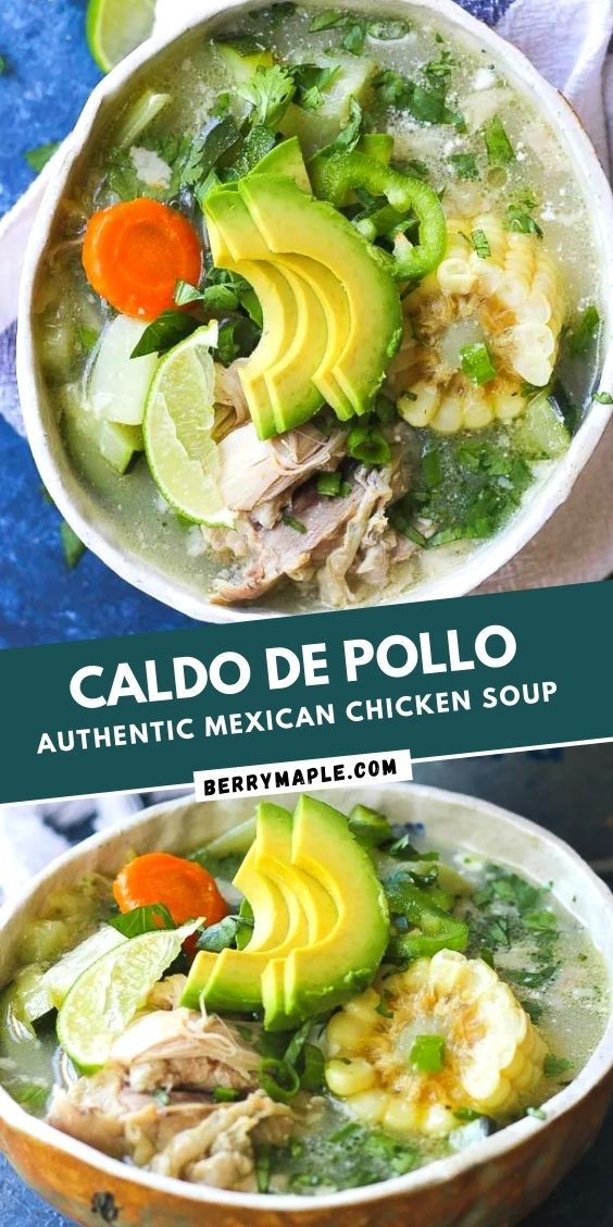 two bowls filled with mexican chicken soup and topped with avocado, carrots